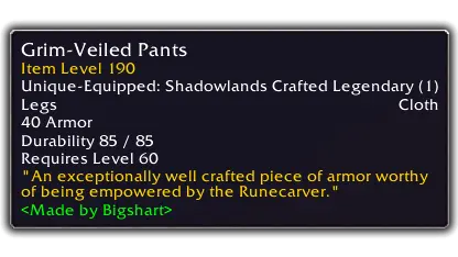 Grim-Veiled Pants (Rank 1 - ilvl 190)